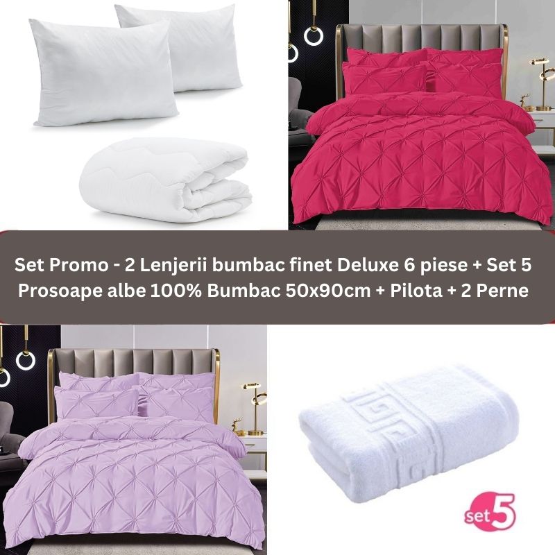 Pachet Promo - 2 Lenjerii bumbac finet Deluxe + Set 5 prosoape 100% Bumbac + Pilota + 2 Perne | 9236