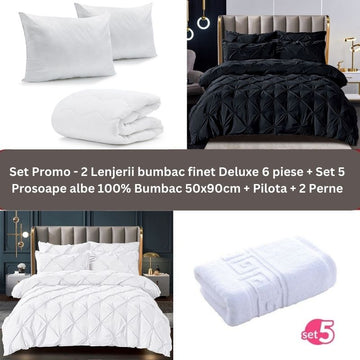 Pachet Promo - 2 Lenjerii bumbac finet Deluxe + Set 5 prosoape 100% Bumbac + Pilota + 2 Perne | 9235