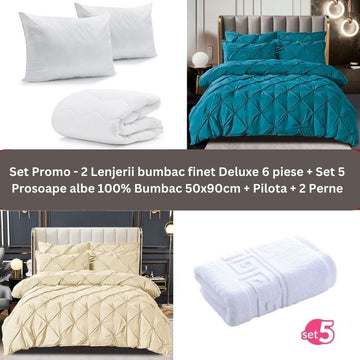 Pachet Promo - 2 Lenjerii bumbac finet Deluxe + Set 5 prosoape 100% Bumbac + Pilota + 2 Perne | 9234