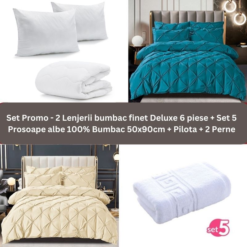 Pachet Promo - 2 Lenjerii bumbac finet Deluxe + Set 5 prosoape 100% Bumbac + Pilota + 2 Perne | 9234