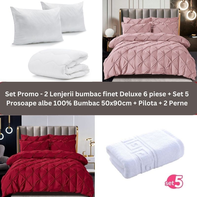 Pachet Promo - 2 Lenjerii bumbac finet Deluxe + Set 5 prosoape 100% Bumbac + Pilota + 2 Perne | 9233