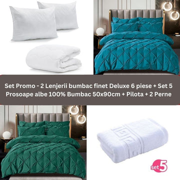 Pachet Promo - 2 Lenjerii bumbac finet Deluxe + Set 5 prosoape 100% Bumbac + Pilota + 2 Perne | 9232