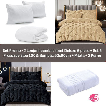 Pachet Promo - 2 Lenjerii bumbac finet Deluxe + Set 5 prosoape 100% Bumbac + Pilota + 2 Perne | 9243