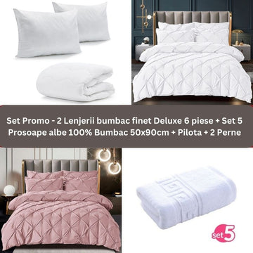 Pachet Promo - 2 Lenjerii bumbac finet Deluxe + Set 5 prosoape 100% Bumbac + Pilota + 2 Perne | 9242