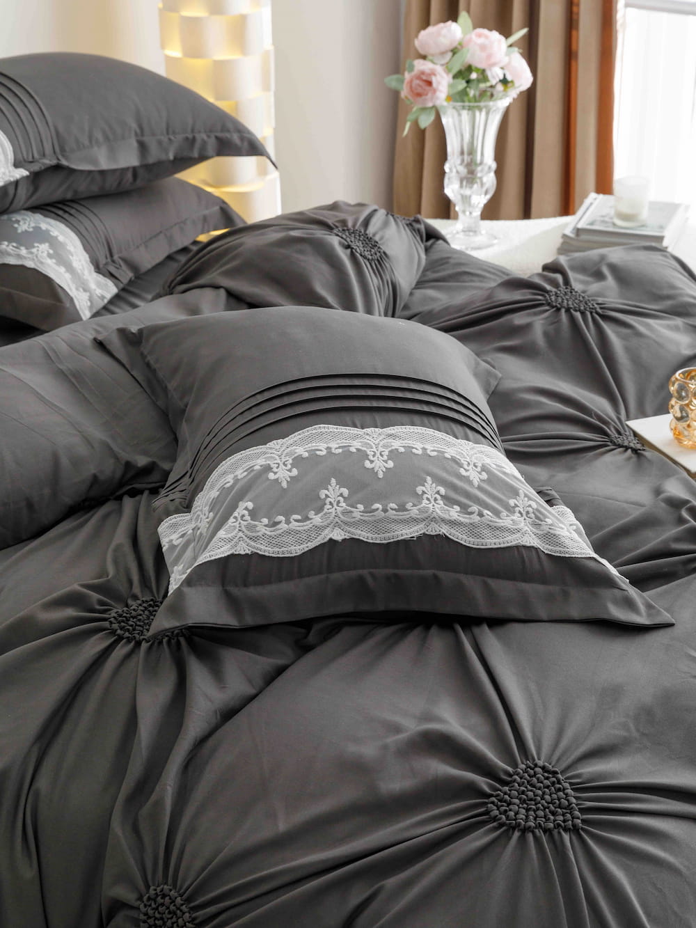 Lenjerie de pat finet cu inimi brodate - 6 piese | 5707-J