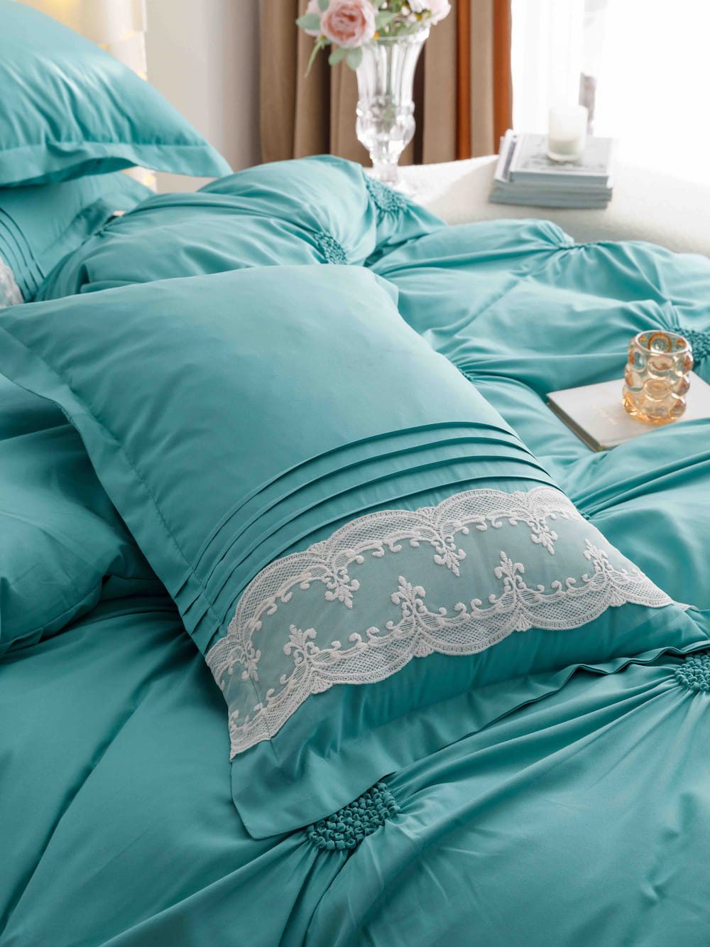 Lenjerie de pat finet cu inimi brodate - 6 piese | 5708-J