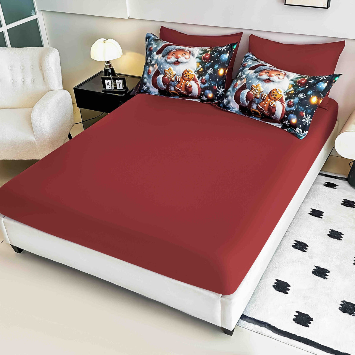 Lenjerie de pat 100% bumbac finet Premium - gama 5D / model de CRACIUN - cu elastic - 6 piese | 17860-J