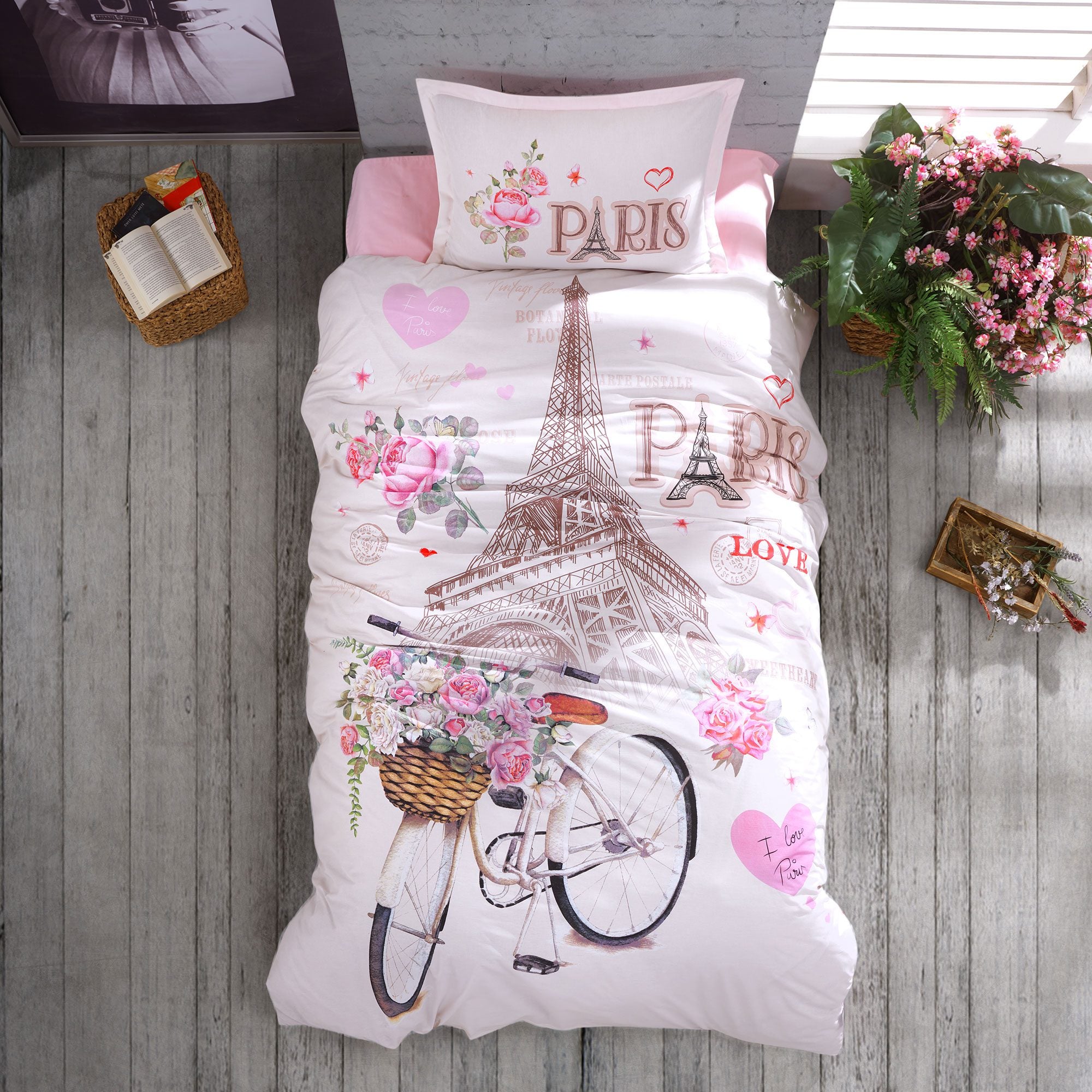 Lenjerie de pat Ranforce 100% bumbac - Paris Love - 1 persoana - 3 piese | 16963-R