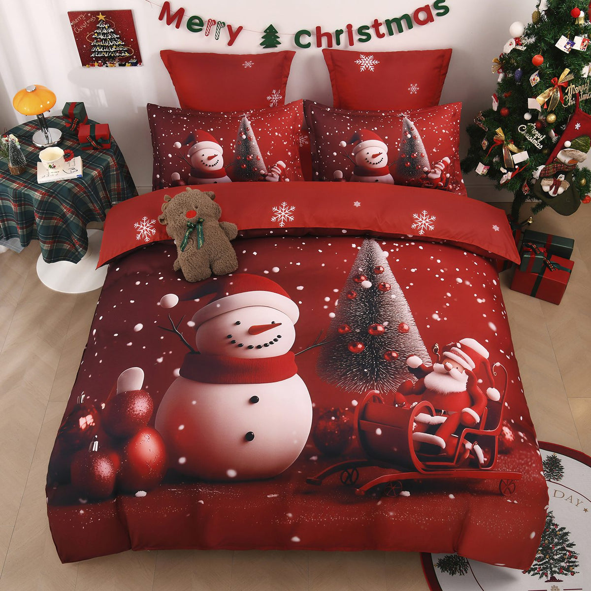 Lenjerie de pat bumbac - imprimeu digital 5D / Mos Craciun - cu elastic - 6 piese | 19637-PR