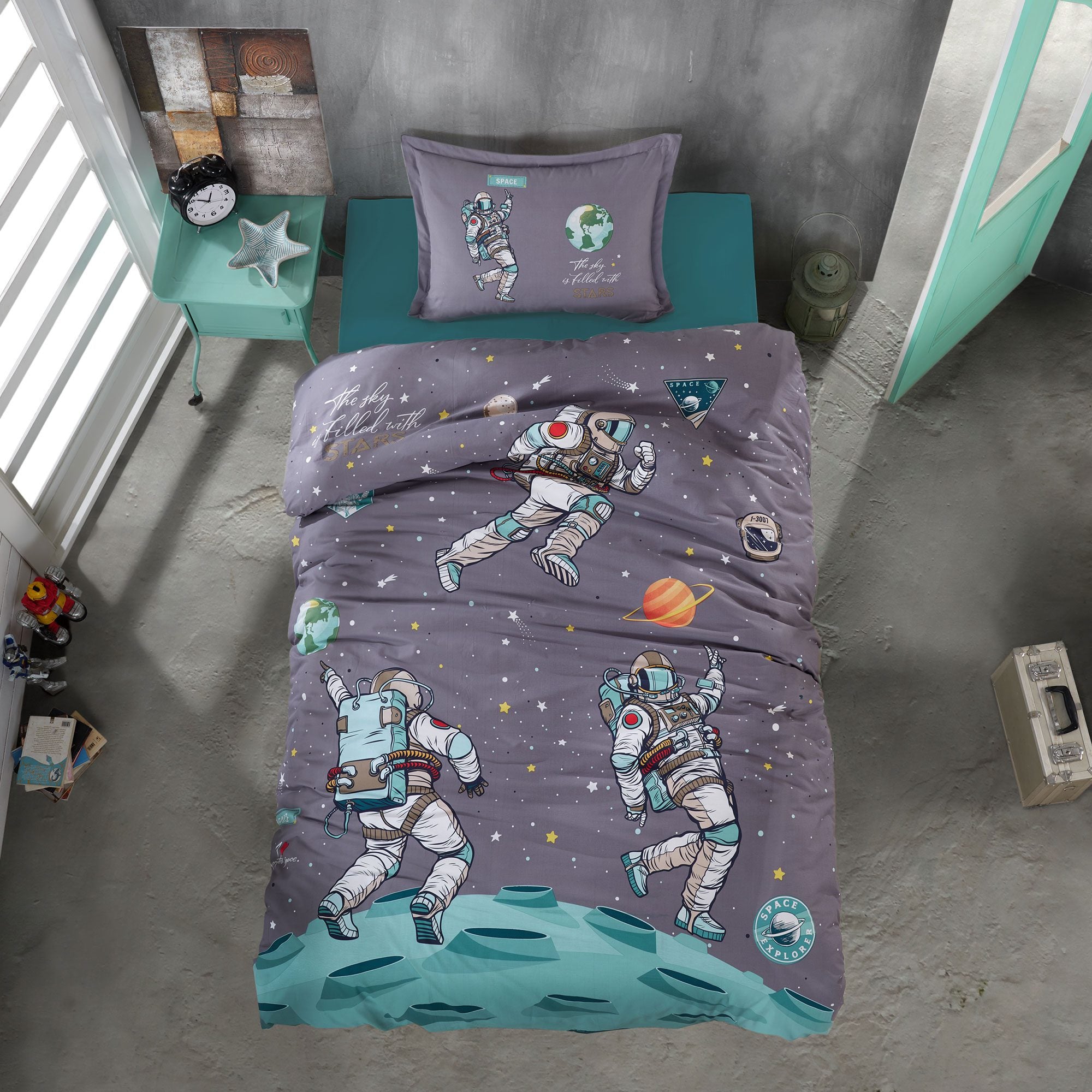 Lenjerie de pat Ranforce 100% bumbac - Space - 1 persoana - 3 piese | 16961-R