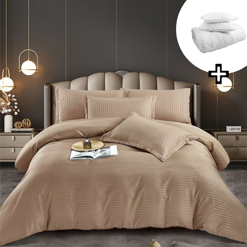 Pachet promo lenjerie de pat bumbac damasc premium cu elastic 6 piese + Pilota + 2 Perne | 8160-J
