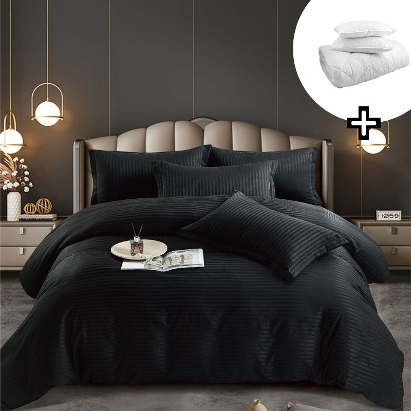 Pachet promo lenjerie de pat bumbac damasc premium cu elastic 6 piese + Pilota + 2 Perne | 8161-J