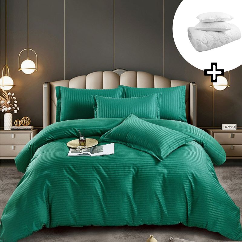 Pachet promo lenjerie de pat bumbac damasc premium cu elastic 6 piese + Pilota + 2 Perne | 8162-J