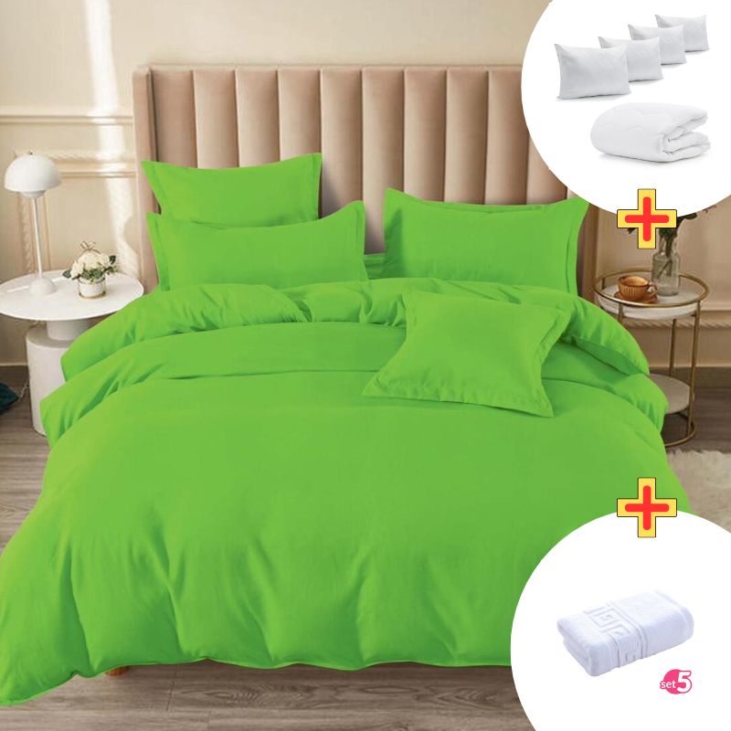 Pachet Promo Lenjerie de pat finet cu elastic + Set 5 prosoape 100% Bumbac + Pilota + 4 Perne | 7895