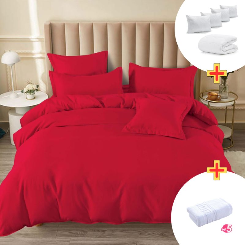 Pachet Promo Lenjerie de pat finet cu elastic + Set 5 prosoape 100% Bumbac + Pilota + 4 Perne | 7889