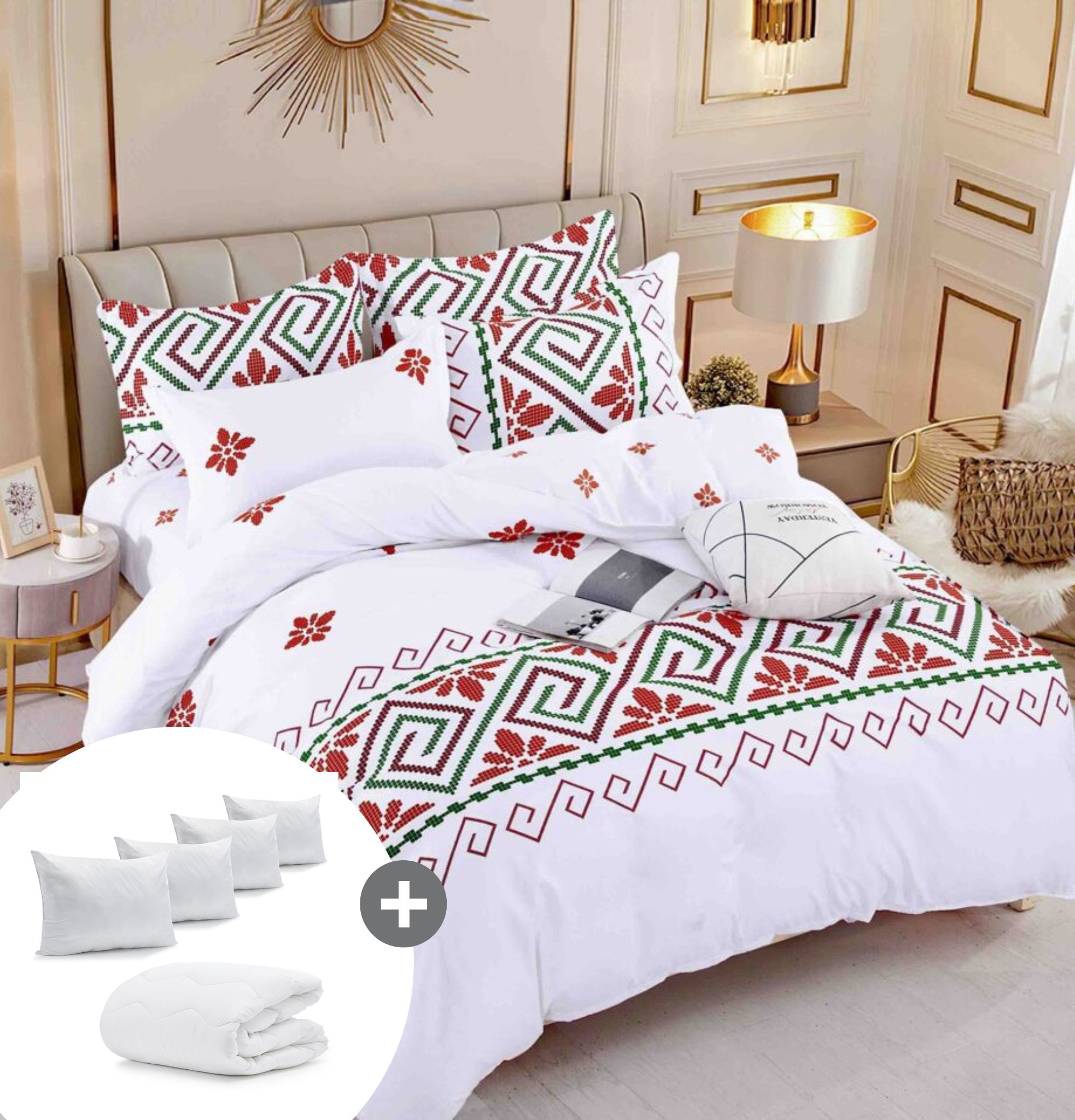 Pachet promo lenjerie de pat bumbac finet 6 piese + Pilota + 4 Perne | 6525-J