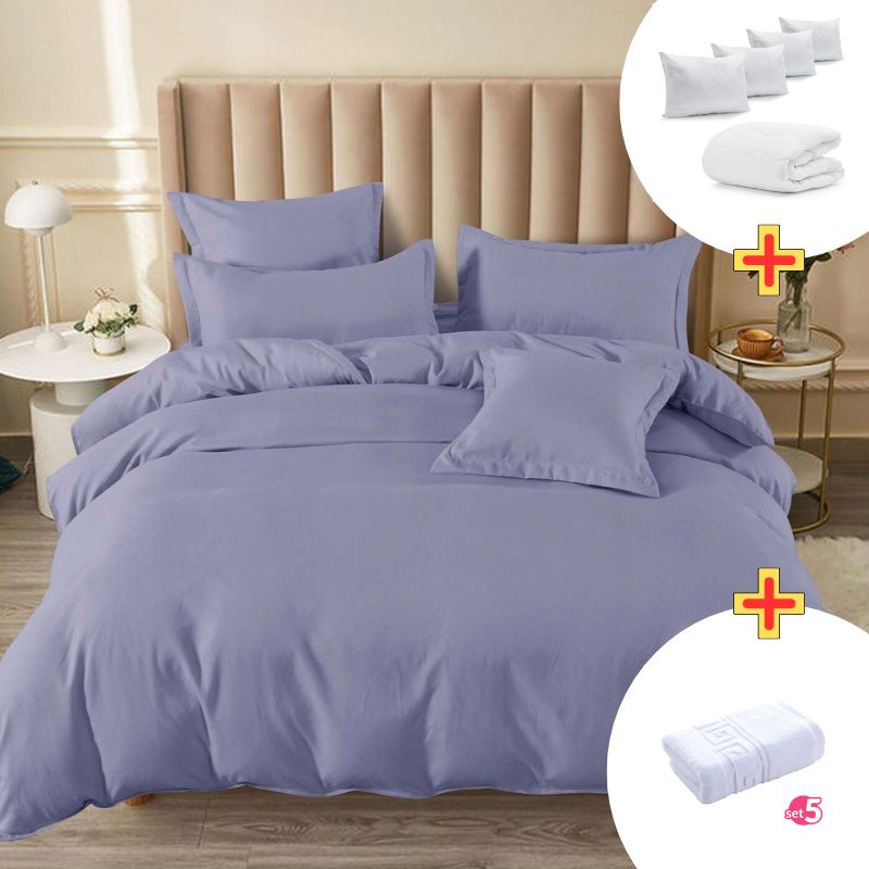 Pachet Promo Lenjerie de pat finet cu elastic + Set 5 prosoape 100% Bumbac + Pilota + 4 Perne | 7888