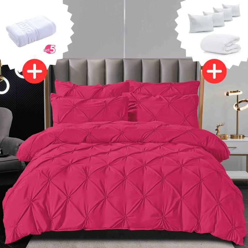 Pachet Promo Lenjerie de pat bumbac finet deluxe + Set 5 prosoape 100% Bumbac + Pilota + 4 Perne | 9216