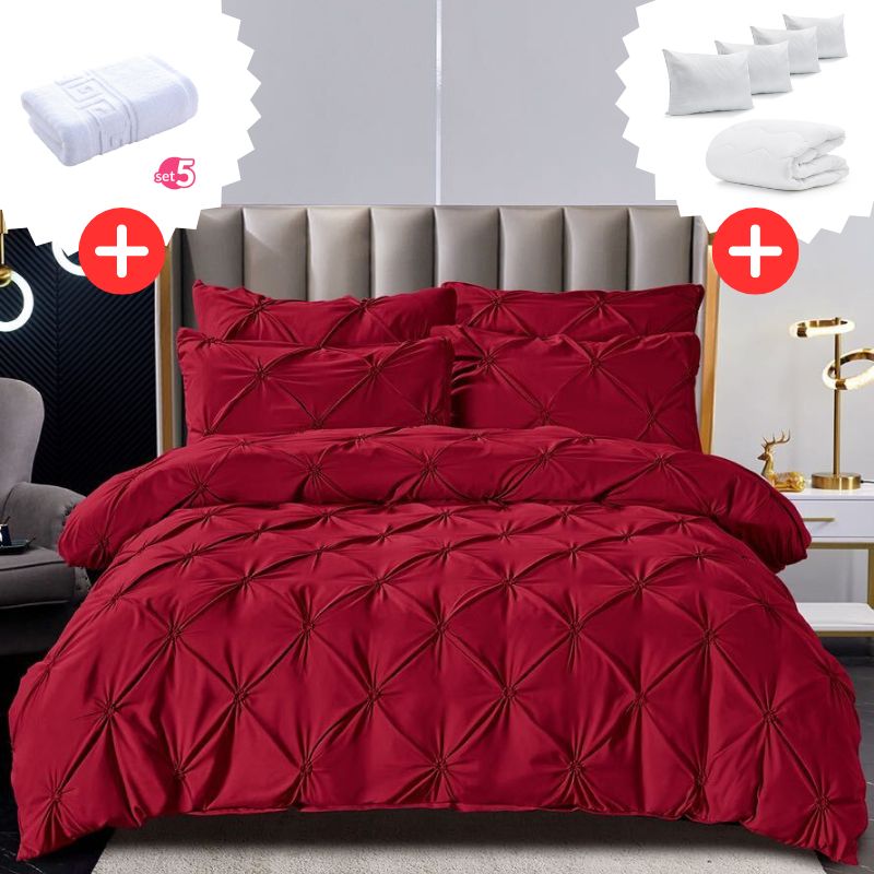 Pachet Promo Lenjerie de pat bumbac finet deluxe + Set 5 prosoape 100% Bumbac + Pilota + 4 Perne | 9220