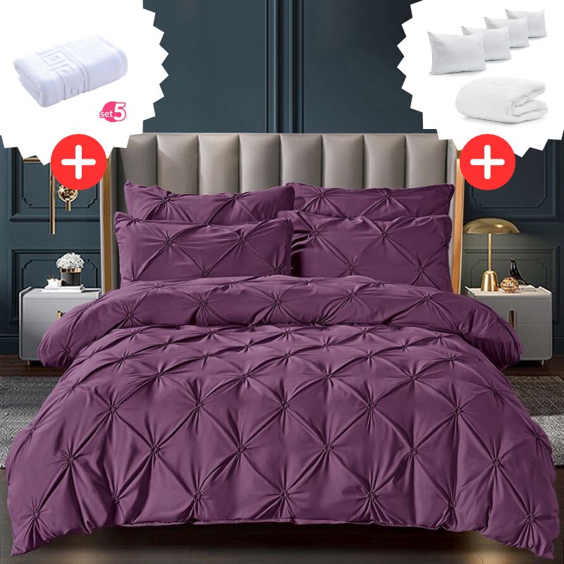 Pachet Promo Lenjerie de pat bumbac finet deluxe + Set 5 prosoape 100% Bumbac + Pilota + 4 Perne | 9224