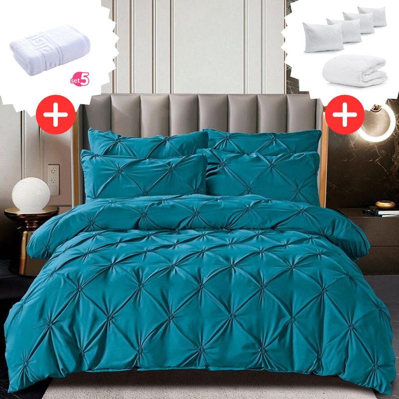 Pachet Promo Lenjerie de pat bumbac finet deluxe + Set 5 prosoape 100% Bumbac + Pilota + 4 Perne | 9225