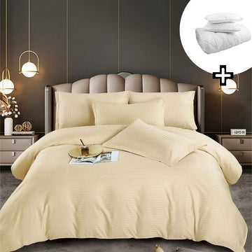 Pachet promo lenjerie de pat bumbac damasc premium cu elastic 6 piese + Pilota + 2 Perne | 8153-J