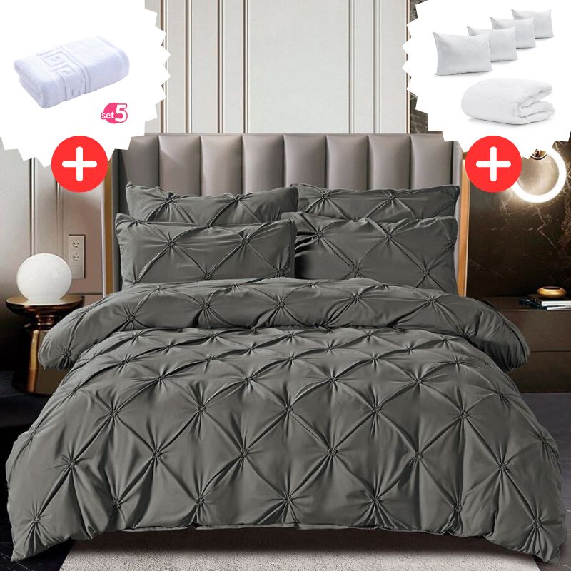 Pachet Promo Lenjerie de pat bumbac finet deluxe + Set 5 prosoape 100% Bumbac + Pilota + 4 Perne | 9226