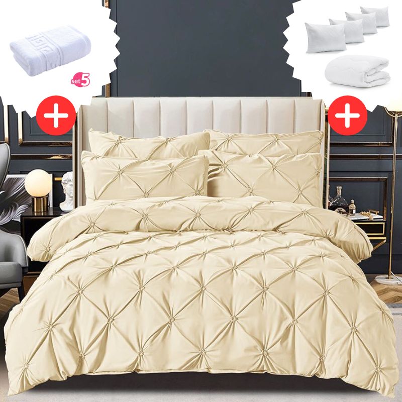 Pachet Promo Lenjerie de pat bumbac finet deluxe + Set 5 prosoape 100% Bumbac + Pilota + 4 Perne | 9227