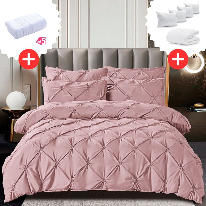 Pachet Promo Lenjerie de pat bumbac finet deluxe + Set 5 prosoape 100% Bumbac + Pilota + 4 Perne | 9228
