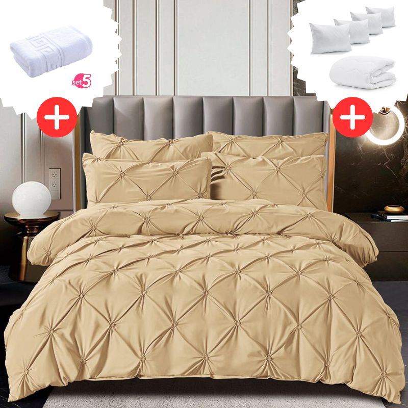 Pachet Promo Lenjerie de pat bumbac finet deluxe + Set 5 prosoape 100% Bumbac + Pilota + 4 Perne | 9230