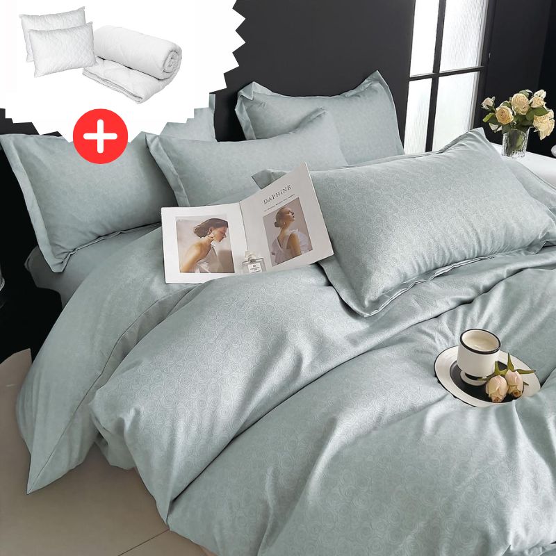 Pachet promo lenjerie de pat bumbac finet - 6 piese + Pilota + 2 Perne | 12095-J