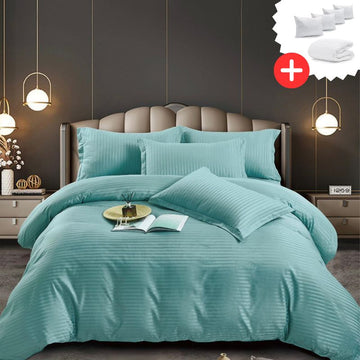 Pachet promo lenjerie de pat bumbac damasc premium cu elastic 6 piese + Pilota + 4 Perne | 9948-J