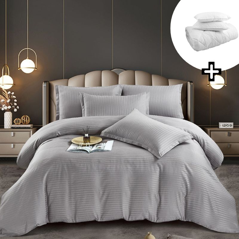 Pachet promo lenjerie de pat bumbac damasc premium cu elastic 6 piese + Pilota + 2 Perne | 8155-J