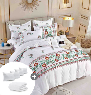 Pachet promo lenjerie de pat bumbac finet 6 piese + Pilota + 4 Perne | 6521-J