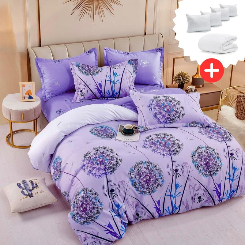 Pachet promo lenjerie de pat bumbac finet 6 piese + Pilota + 4 Perne | 8919-J