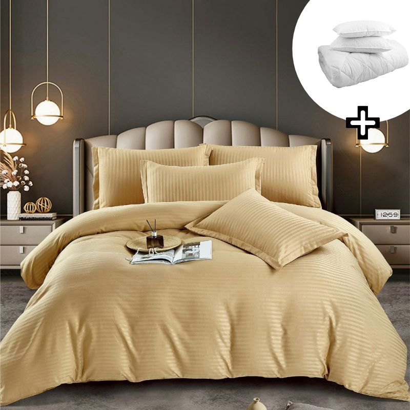 Pachet promo lenjerie de pat bumbac damasc premium cu elastic 6 piese + Pilota + 2 Perne | 8157-J