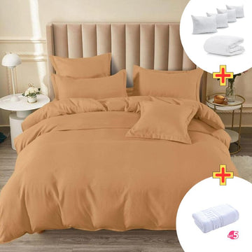 Pachet Promo Lenjerie de pat finet cu elastic + Set 5 prosoape 100% Bumbac + Pilota + 4 Perne | 7900