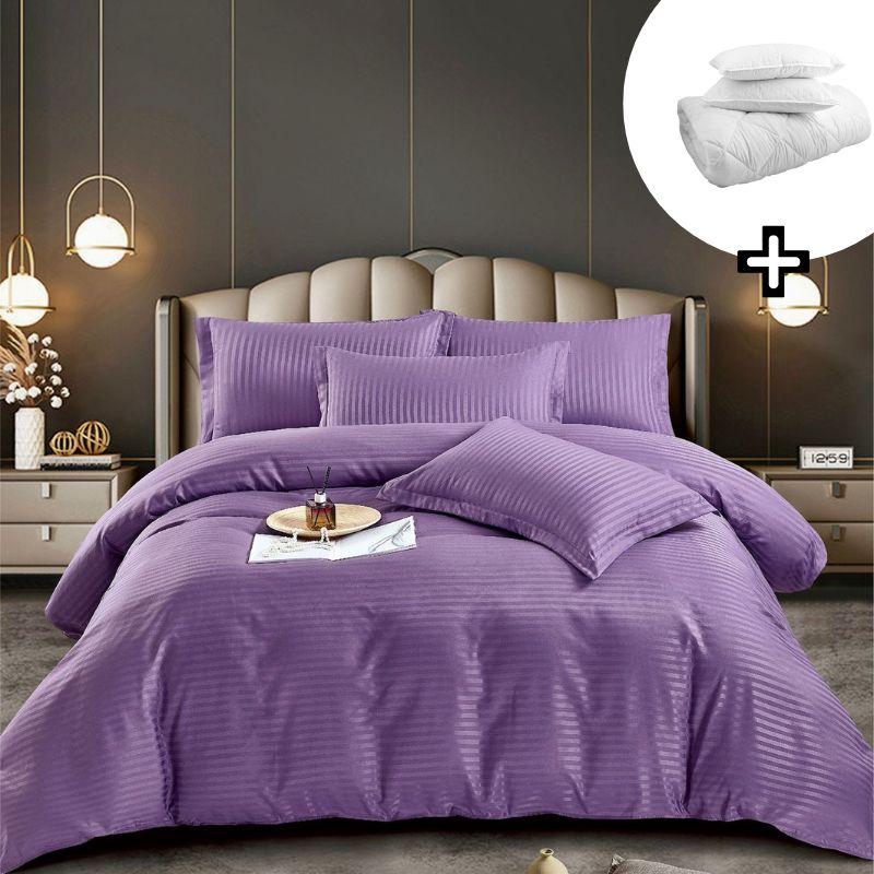 Pachet promo lenjerie de pat bumbac damasc premium cu elastic 6 piese + Pilota + 2 Perne | 8158-J