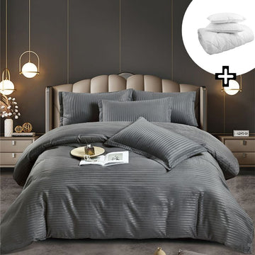 Pachet promo lenjerie de pat bumbac damasc premium cu elastic 6 piese + Pilota + 2 Perne | 8159-J