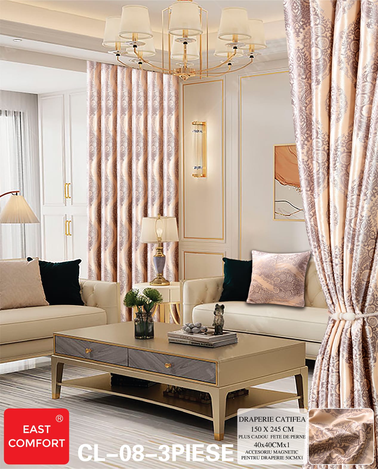 Draperie imprimata catifea ( accesoriu magnetic + o fata de perna ) - 3 piese | 9580