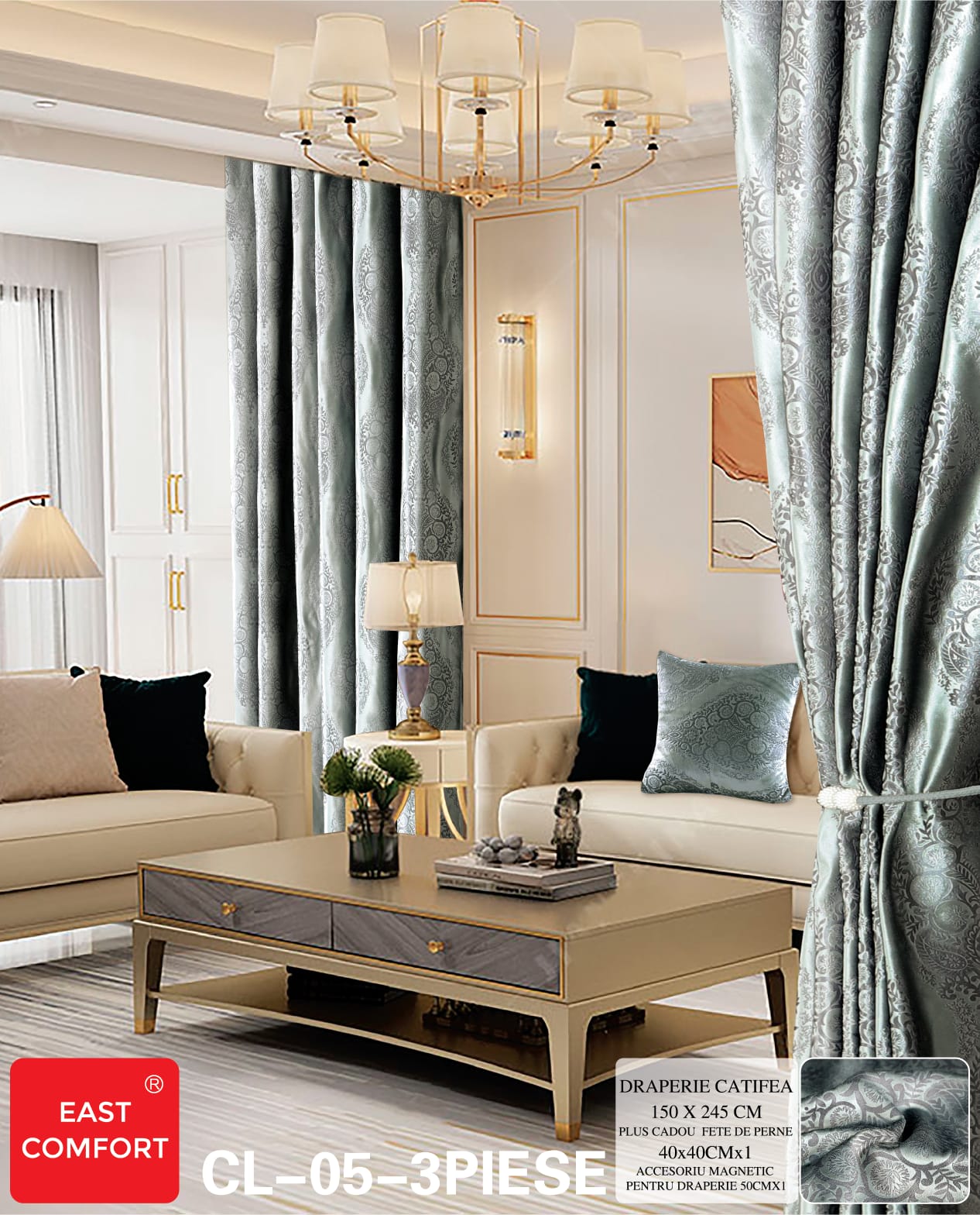 Draperie imprimata catifea ( accesoriu magnetic + o fata de perna ) - 3 piese | 9577