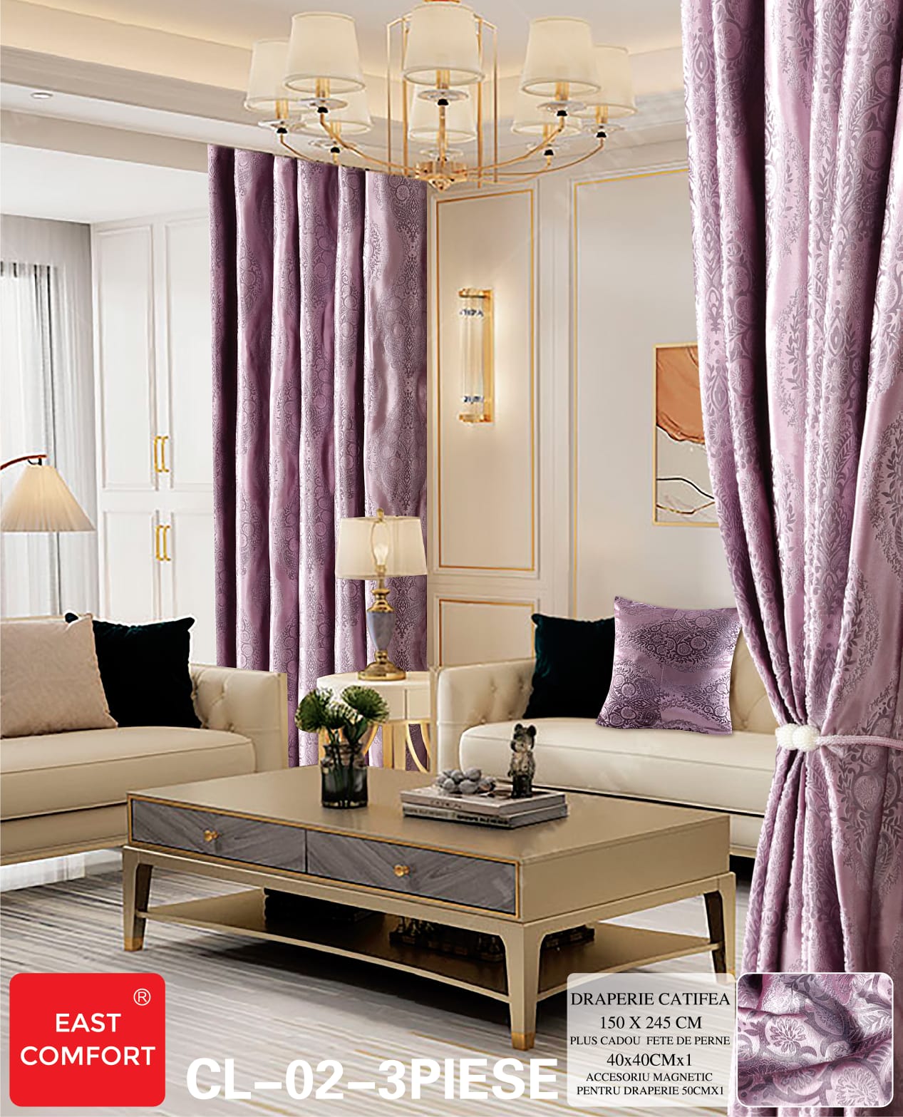 Draperie imprimata catifea ( accesoriu magnetic + o fata de perna ) - 3 piese | 9574