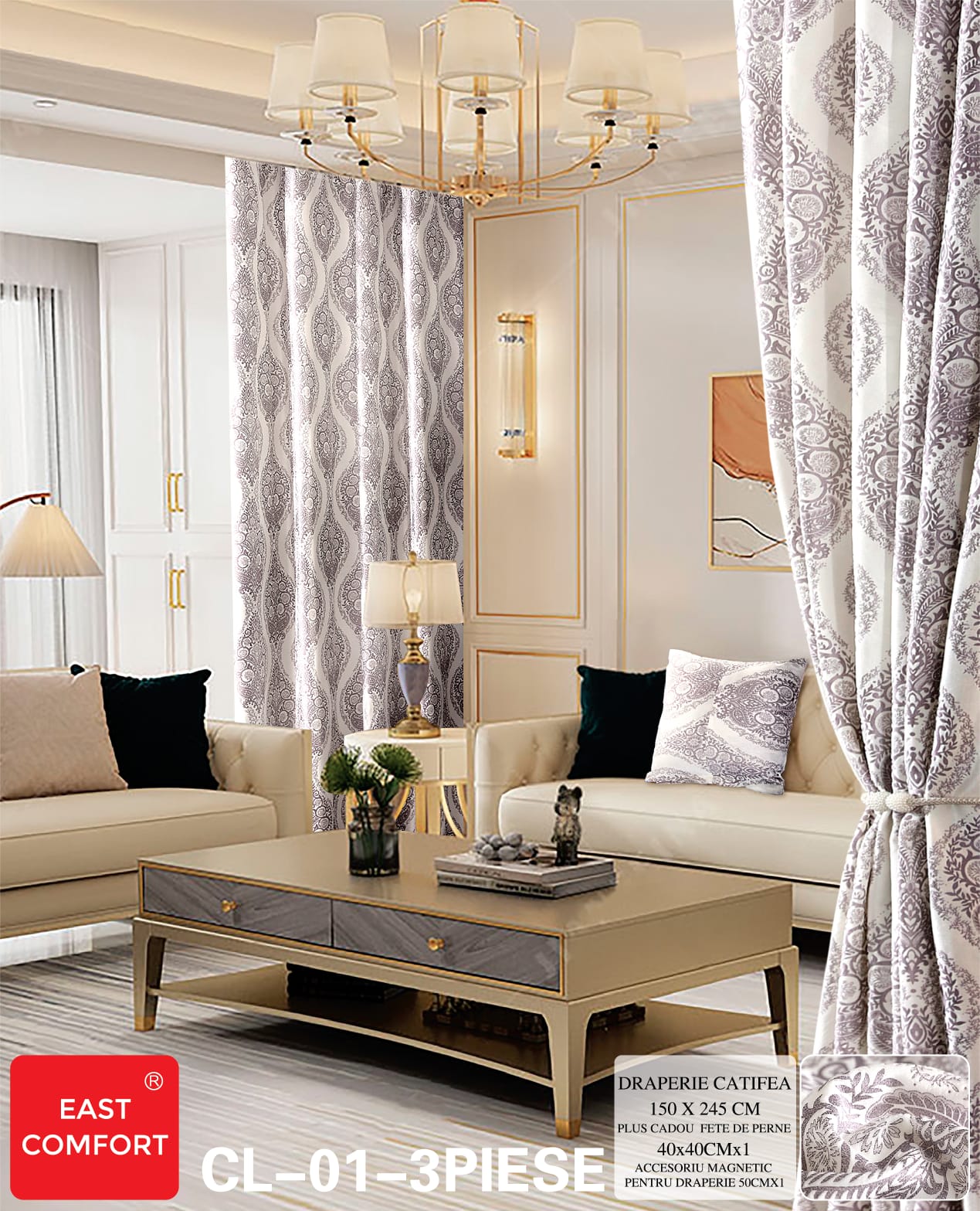 Draperie imprimata catifea ( accesoriu magnetic + o fata de perna ) - 3 piese | 9573