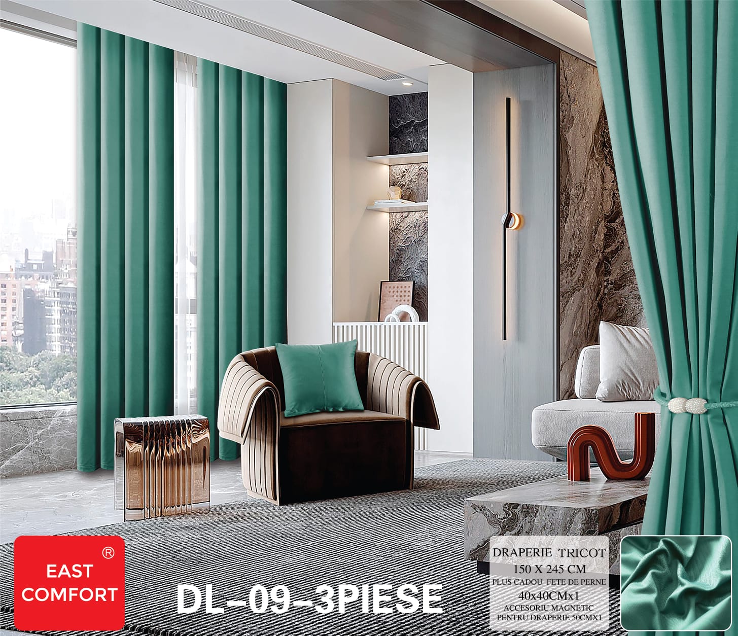Draperie tricot uni ( accesoriu magnetic + o fata de perna ) - 3 piese | 9589