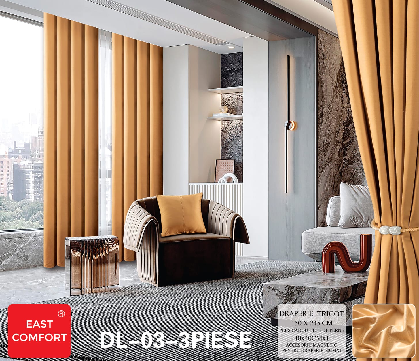 Draperie tricot uni ( accesoriu magnetic + o fata de perna ) - 3 piese | 9584