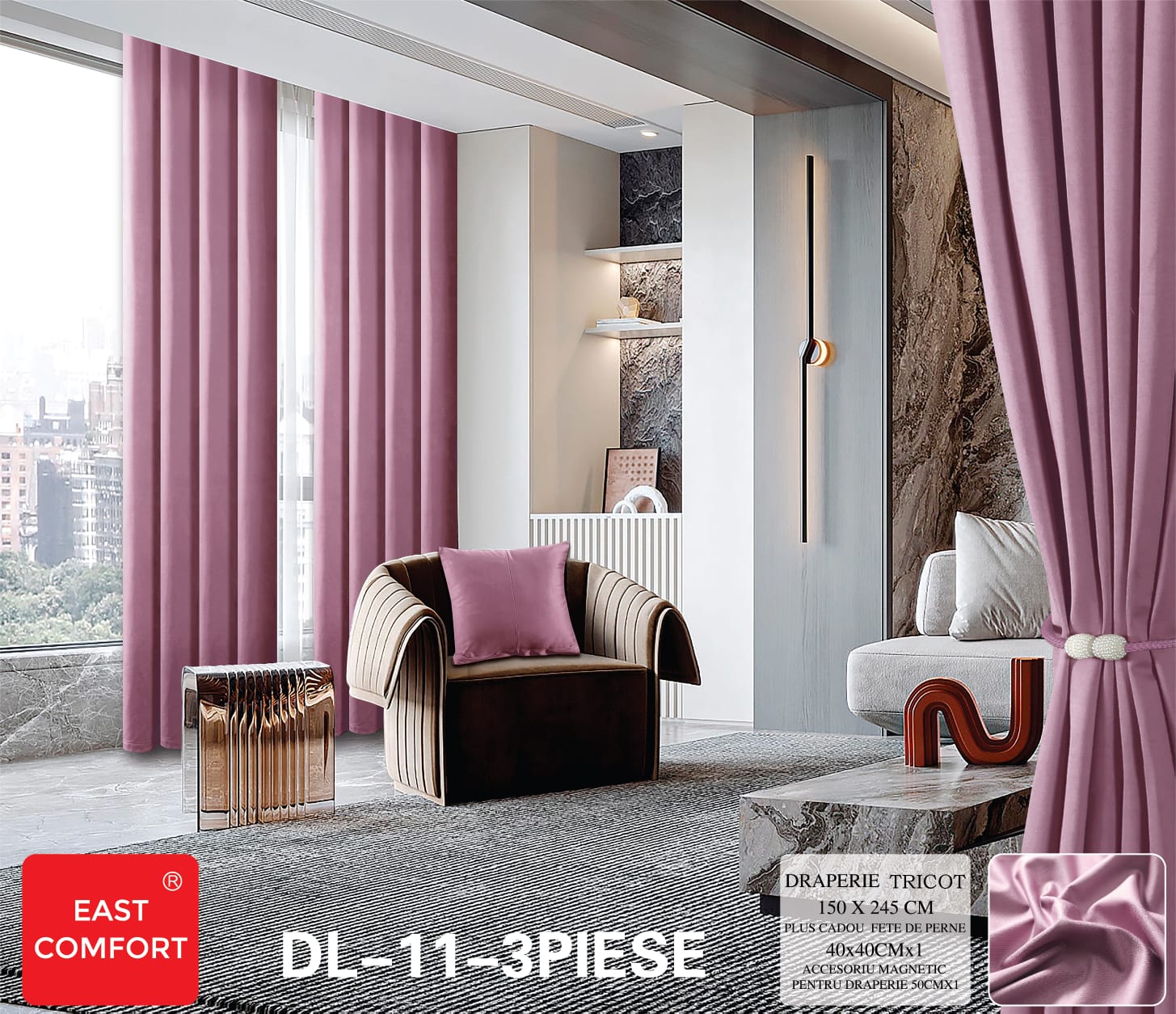 Draperie tricot uni ( accesoriu magnetic + o fata de perna ) - 3 piese | 9587