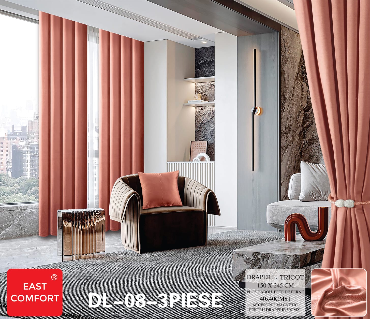 Draperie tricot uni ( accesoriu magnetic + o fata de perna ) - 3 piese | 9581