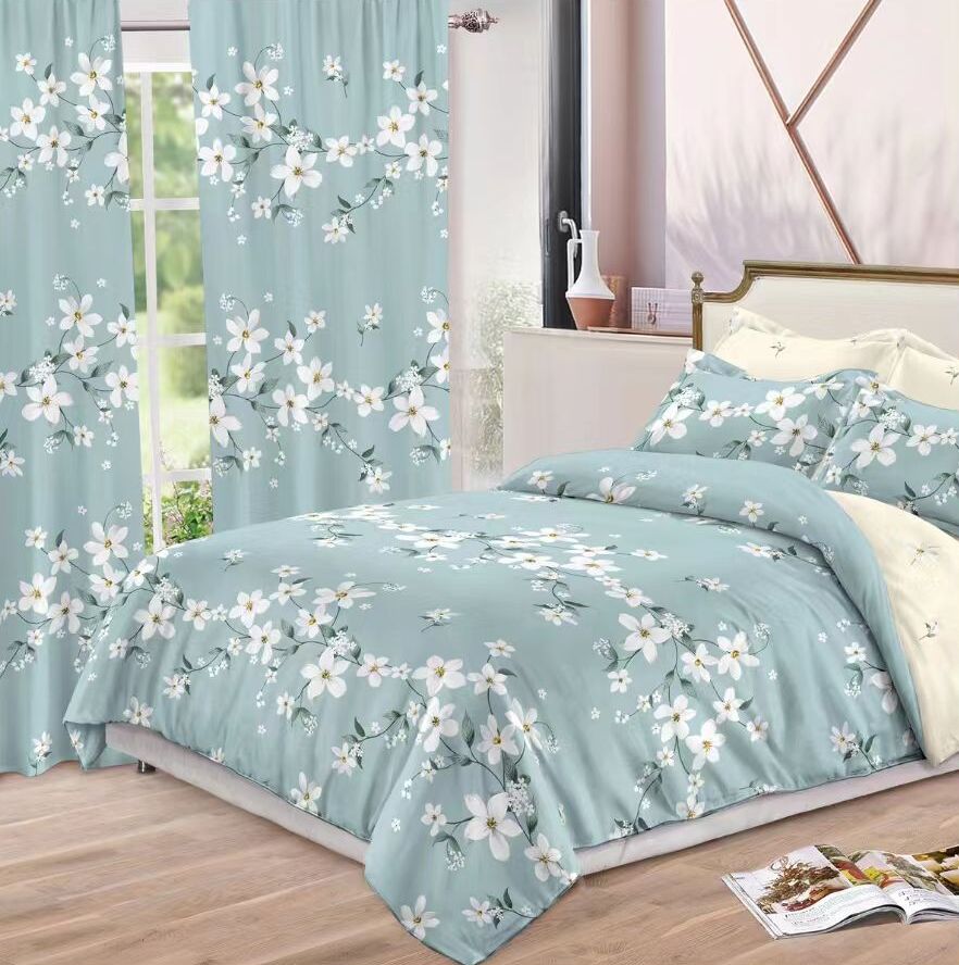 Lenjerie de pat bumbac finet cu elastic – 6 piese + 2 Draperii | 13920-C