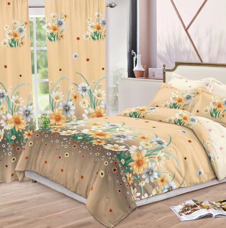 Lenjerie de pat bumbac finet cu elastic – 6 piese + 2 Draperii | 13914-C
