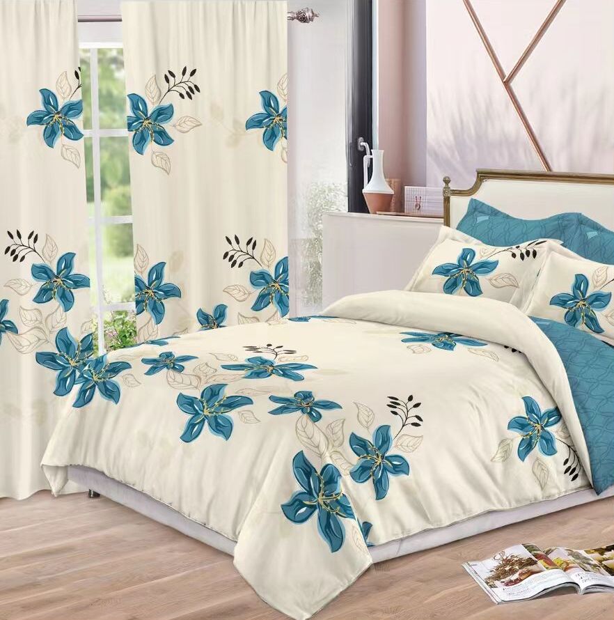 Lenjerie de pat bumbac finet cu elastic – 6 piese + 2 Draperii | 13929-C
